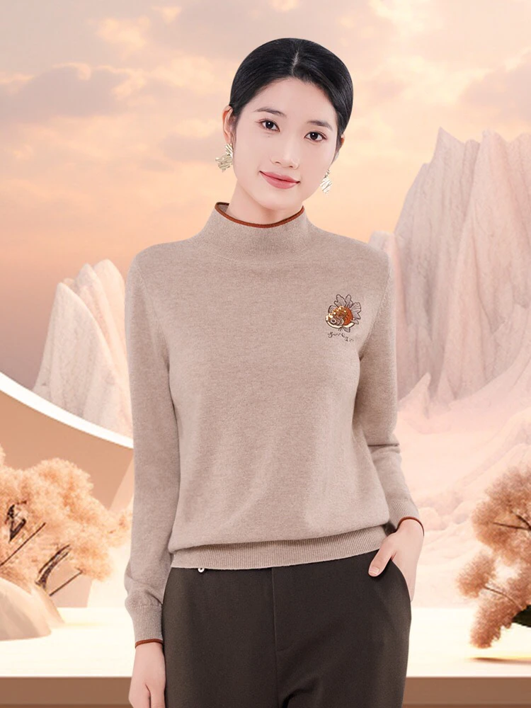 K&CH纤牌女装 秋冬新款半高领山羊绒衫套头毛衣针织打底百搭上衣