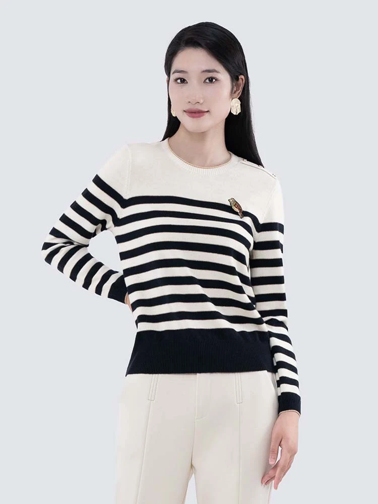 K&CH纤牌女装 条纹针织衫圆领套头长袖毛衣打底内搭修身显瘦上衣