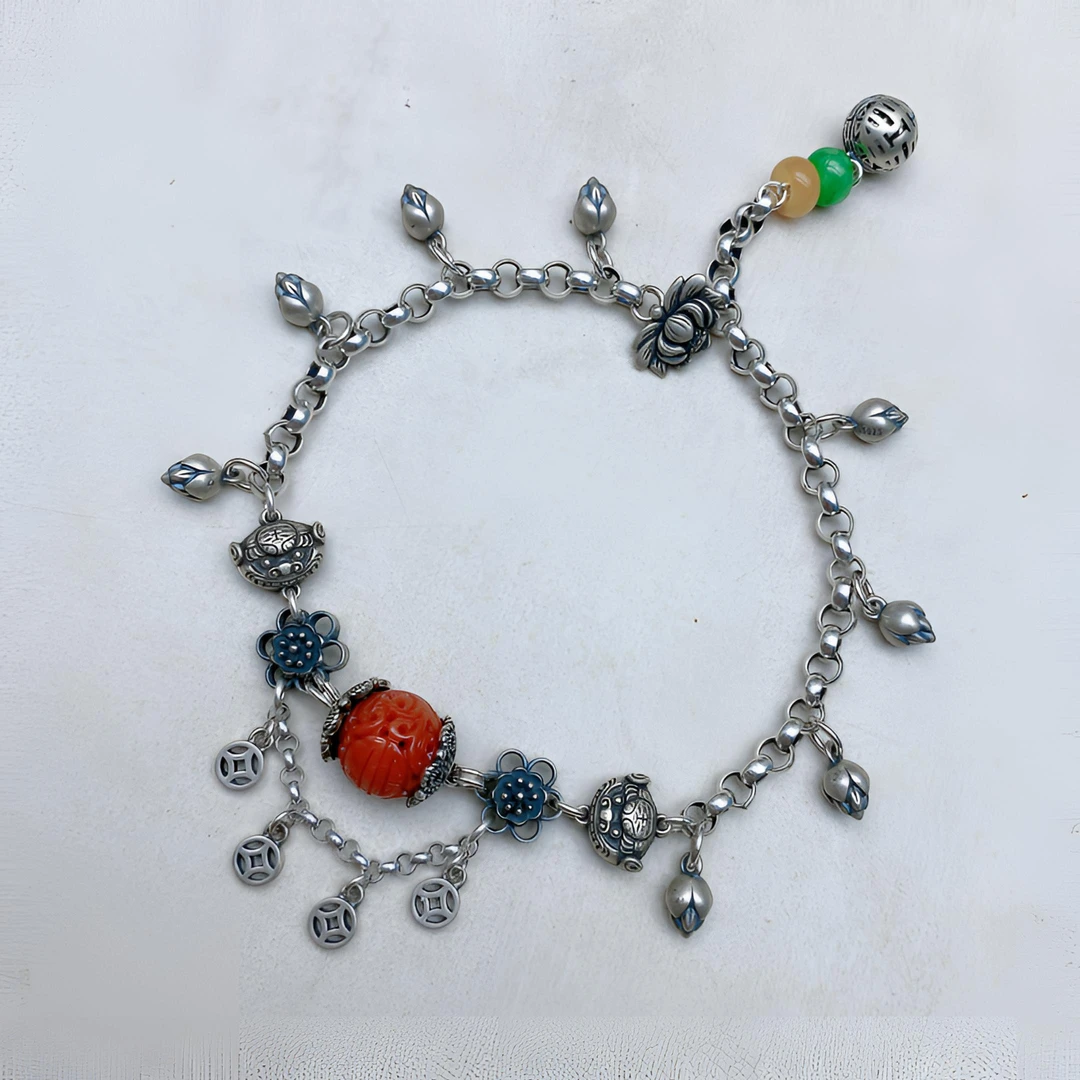 925银脚链 手工錾刻银脚链百搭复古纯手工彩色民族风素款