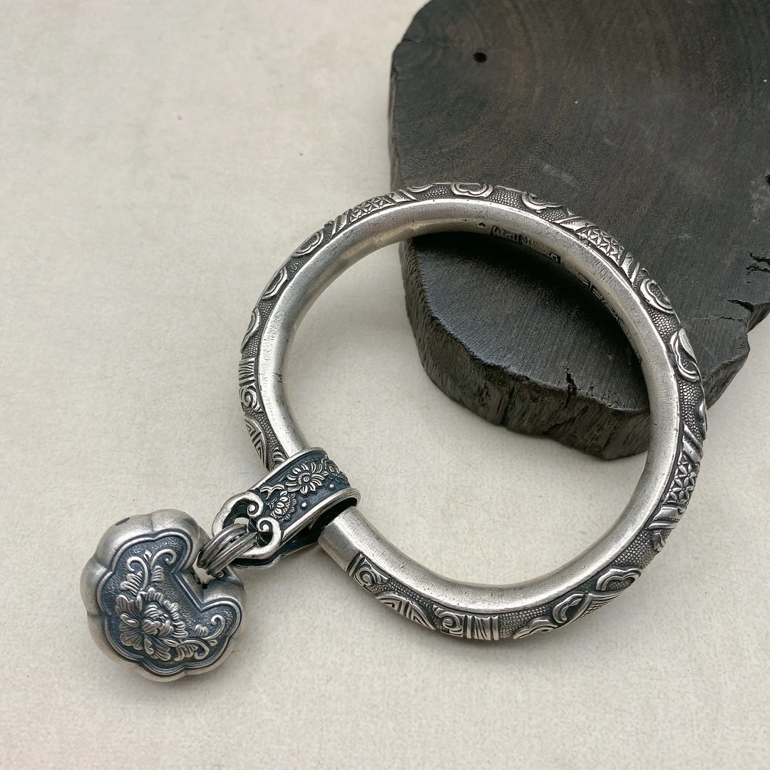 足银手镯 手工錾刻银手镯复古做旧纯手工素款