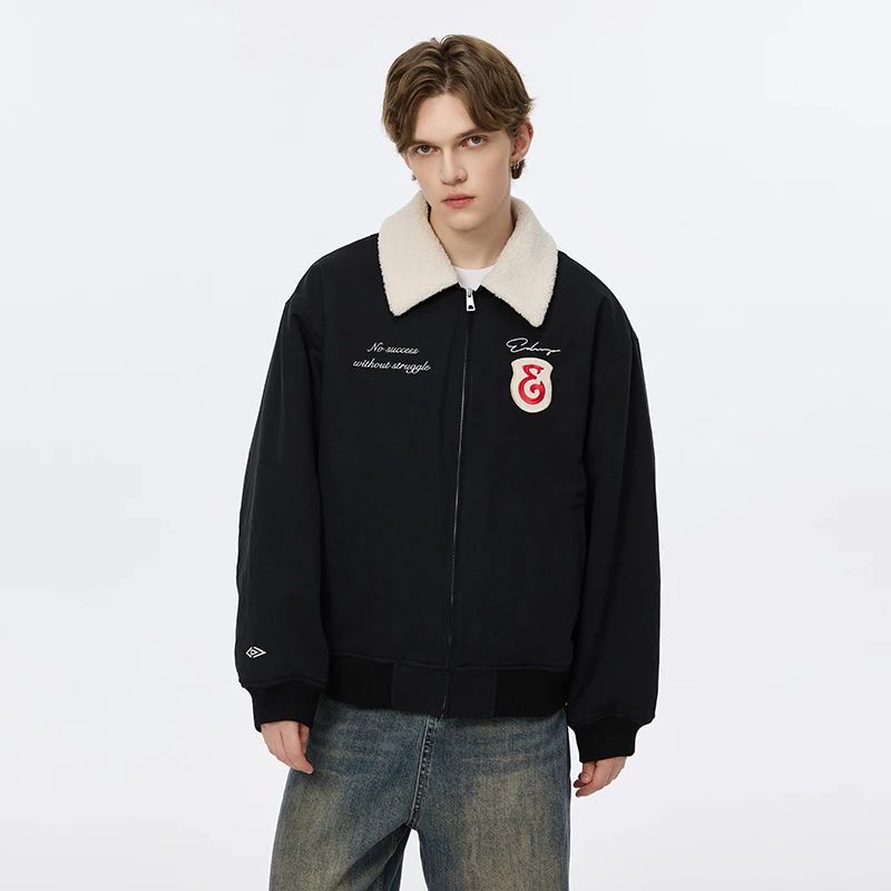 Endweep 仿羊羔绒内里翻领夹克男女秋季复古美式国潮情侣外套上衣