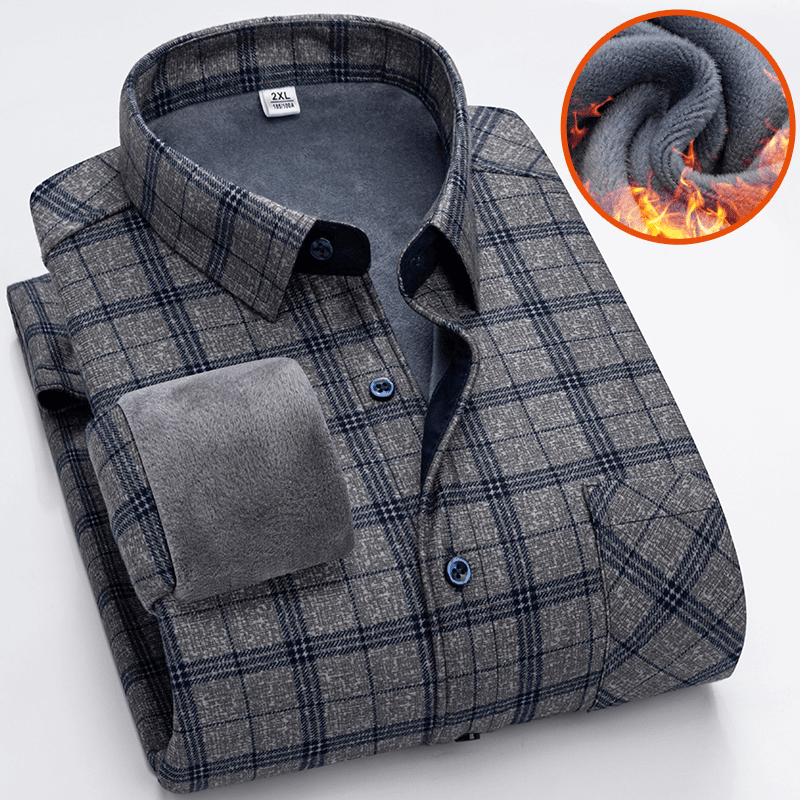 冬季新款保暖衬衫商务男士加厚中老年长袖宽松休闲格子方领衬衣男