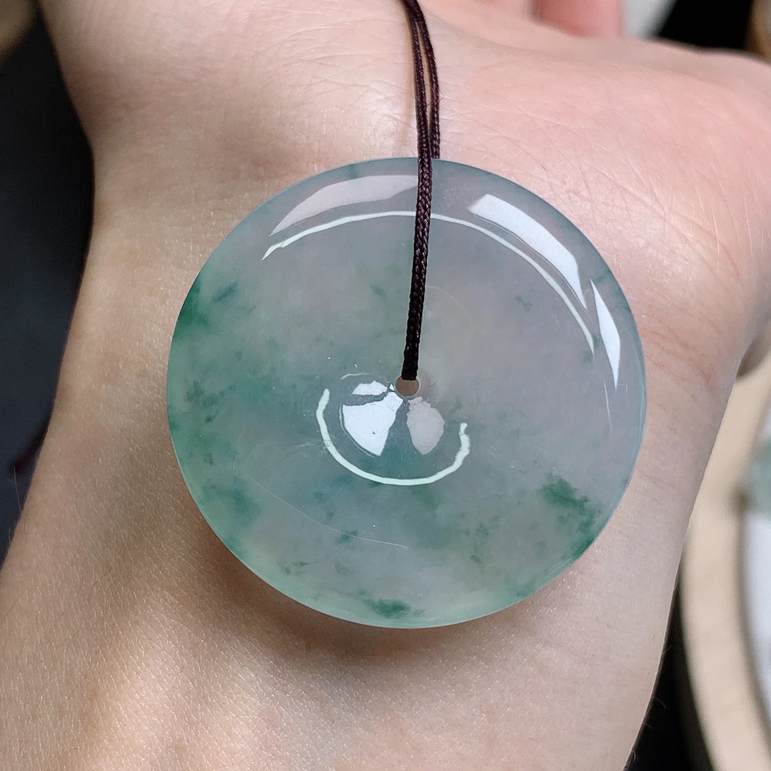 缅甸天然A货翡翠冰种飘花起胶平安扣吊坠33.4-5.5mm