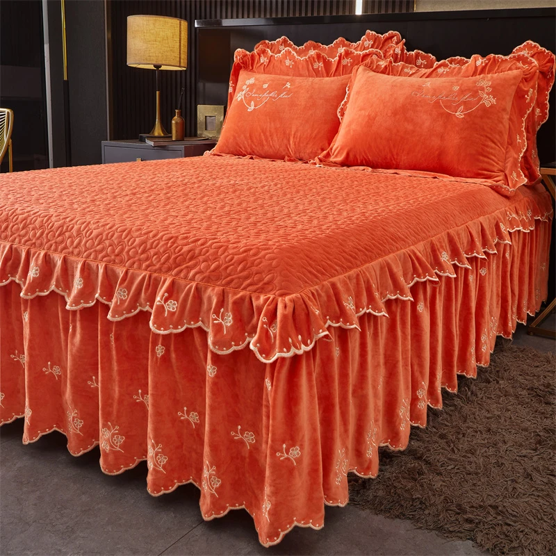 【床裙 --花好月圆】  加厚宝宝绒花边床裙套件  荷叶边床罩