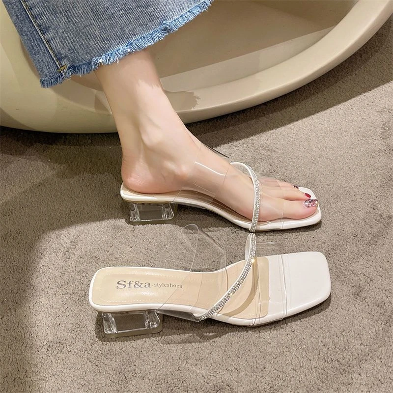 2024年新款夏季透明凉鞋女中跟粗跟水晶高跟鞋仙女风一字带凉拖鞋