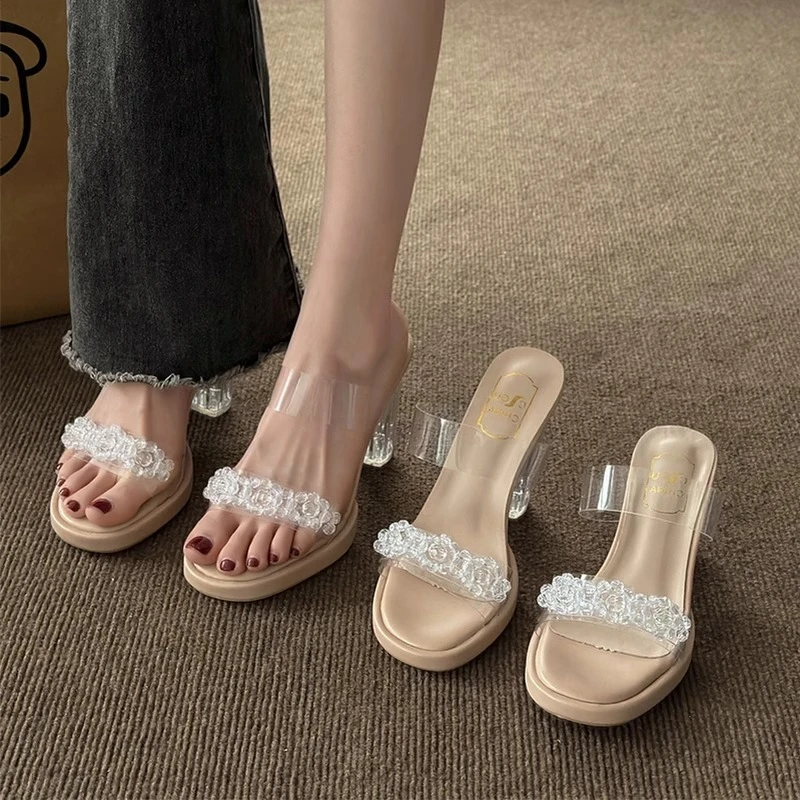 配裙子凉拖鞋女夏季外穿水钻舒适一字带高跟鞋厚底不累脚水晶粗跟