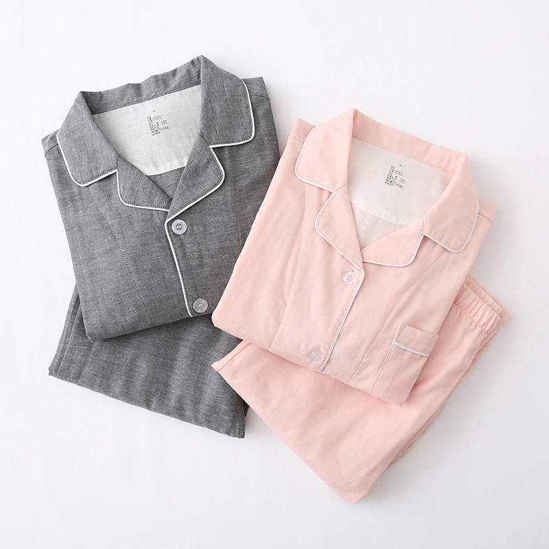 无印日系良品情侣纯色双层纱布棉纱纯棉 两件套家居服套装春夏款