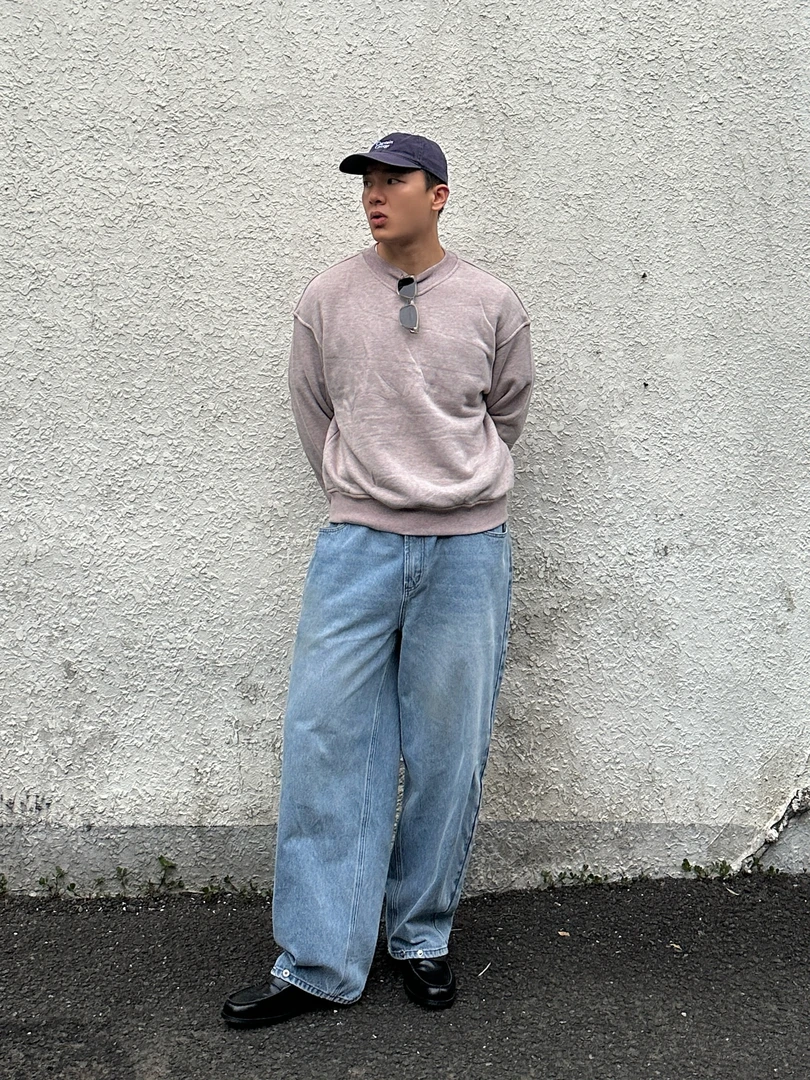 KONZEPT概念14oz冰蓝色baggy四季经典百搭直筒宽松水洗牛仔裤廓形