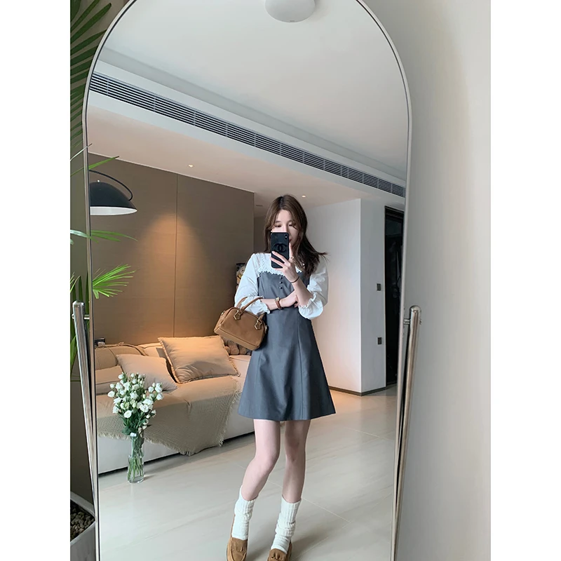 【甜日梦】韩系白色衬衫撞色吊带短裙套装C23027Z43 L23028Z43