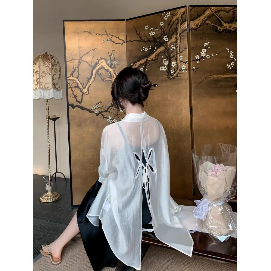 防晒后背开叉衬衫女雪纺防晒衣薄纱开衫上衣吊带裙外穿外搭