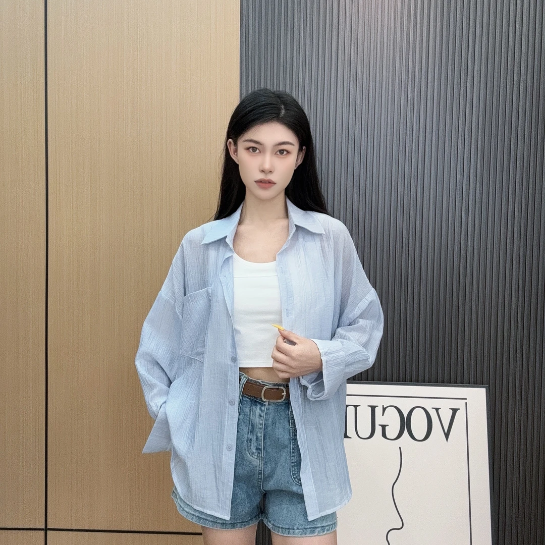 夏季新款肌理感轻薄透气防晒衬衫女长袖开衫百搭洋气独特别致上衣