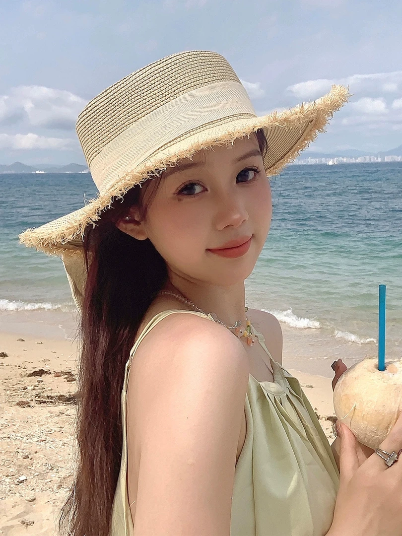 日系ins仙气蝴蝶结草帽女夏天出游平顶太阳帽大檐防晒海边沙滩帽
