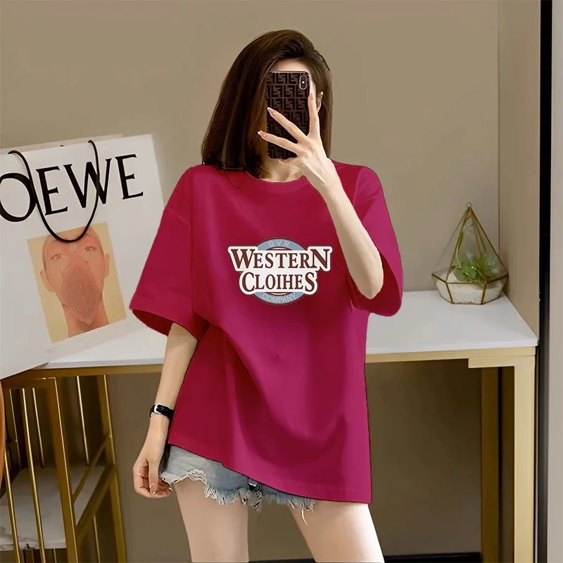 2024夏季新款纯棉中长款短袖T恤女宽松字母印花大码上衣oversize