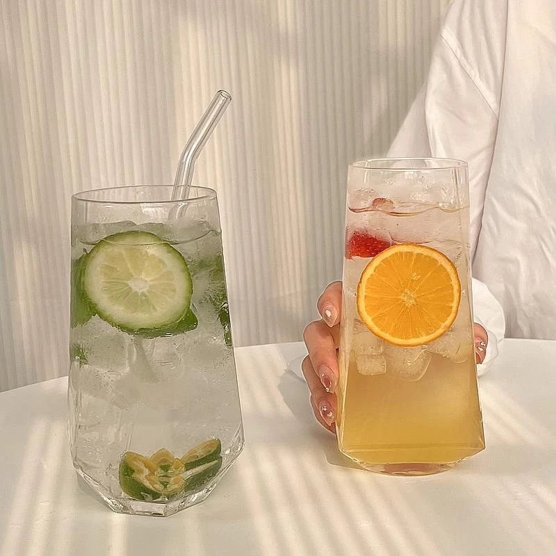ins风菱角玻璃杯 网红餐厅水果茶杯苏打气泡水杯冷饮料杯喝水杯子