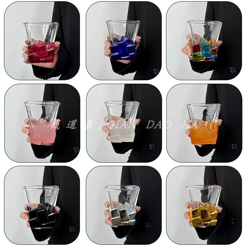 限定轻奢设计小众冰块杯高级感喝水杯威士忌洋酒杯手绘彩色玻璃杯
