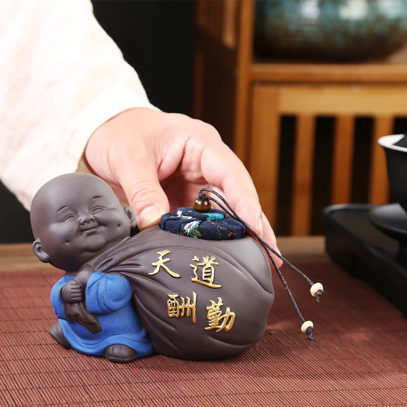 桐顺天道酬勤茶叶罐创意个性时尚紫砂小和尚粗陶密封储存茶叶罐