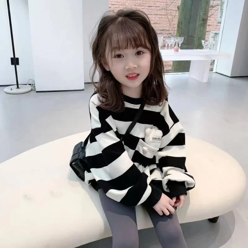 2023秋冬纯棉女童条纹卫衣洋气女孩中长款全棉韩版儿童毛圈棉卫衣