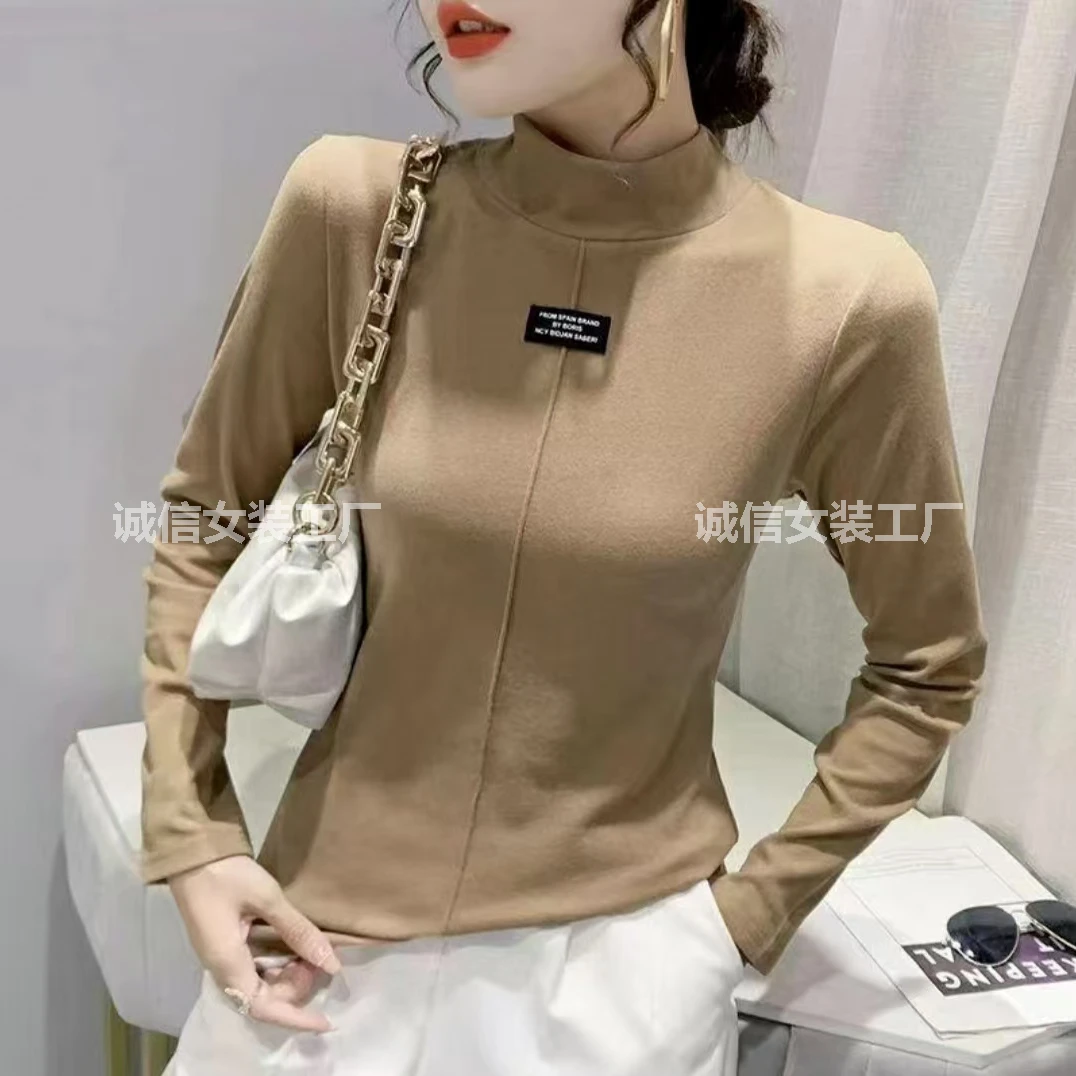 S40中老年洋气德绒百搭半高领新款小标打底衫休闲上衣妈妈装