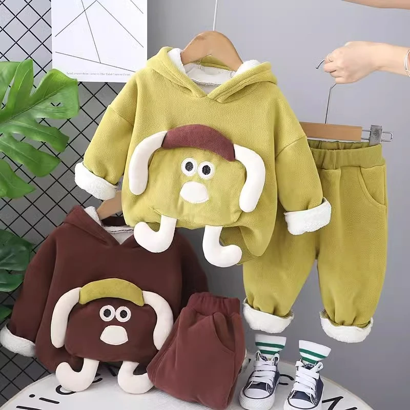 儿童卡通加绒秋冬套装2024秋冬新款加绒男女童卫衣连帽衫两件套