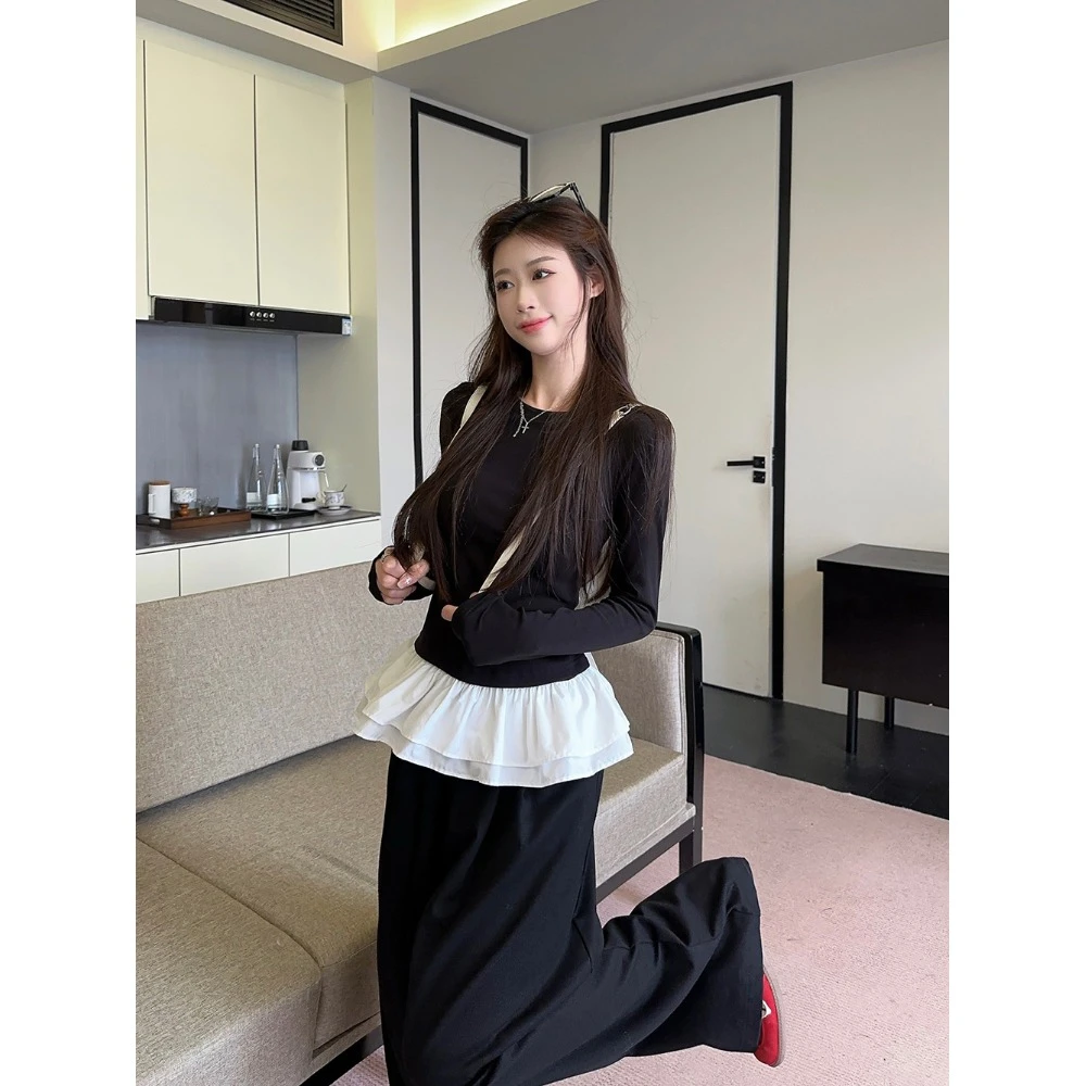 设计感假两件拼接长袖打底T恤女秋季别致修身显瘦外搭小众上衣潮