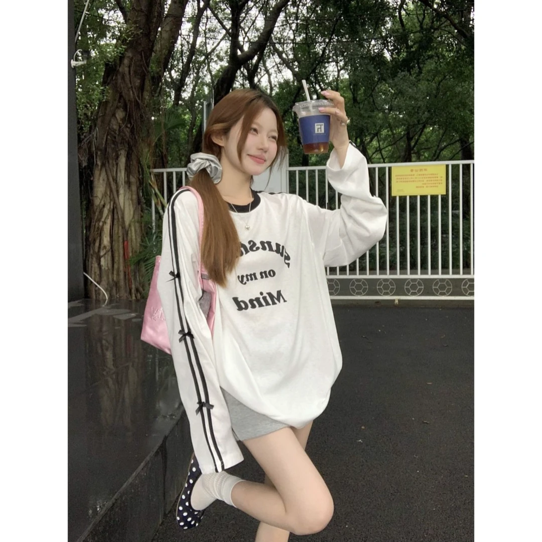 白色美式印花蝴蝶结两条杠防晒长袖T恤女秋季慵懒风宽松休闲上衣