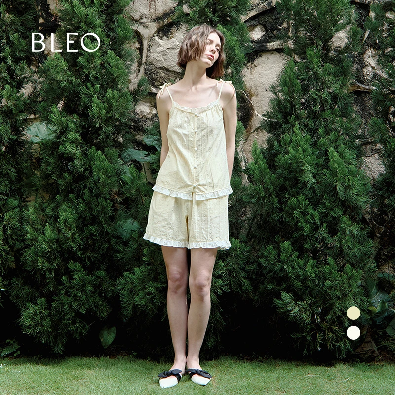 BLEO春夏新品法式撞色波点蝴蝶结绑带可调节吊带睡衣套装家居服