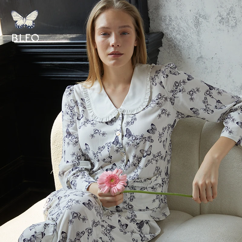 春夏新品粘纤蝴蝶印花娃娃领长袖长裤套装睡衣外穿家居服