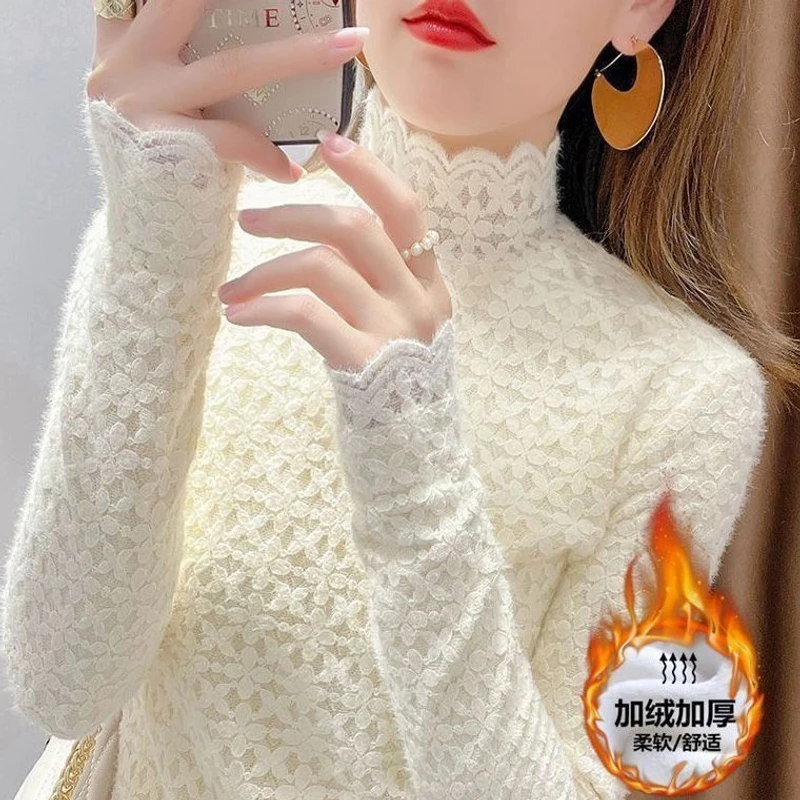 加绒新款蕾丝打底衫女半高领秋冬季内搭修身显瘦洋气保暖百搭上衣