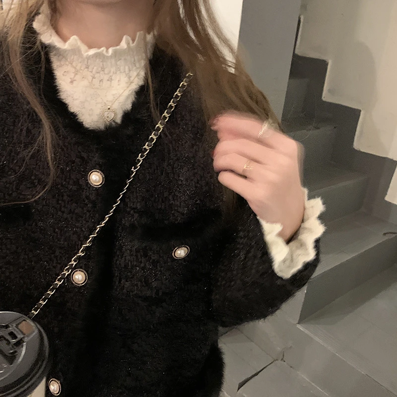 高领磨毛加绒蕾丝打底衫女秋冬洋气内搭小衫高端时髦时尚网纱上衣