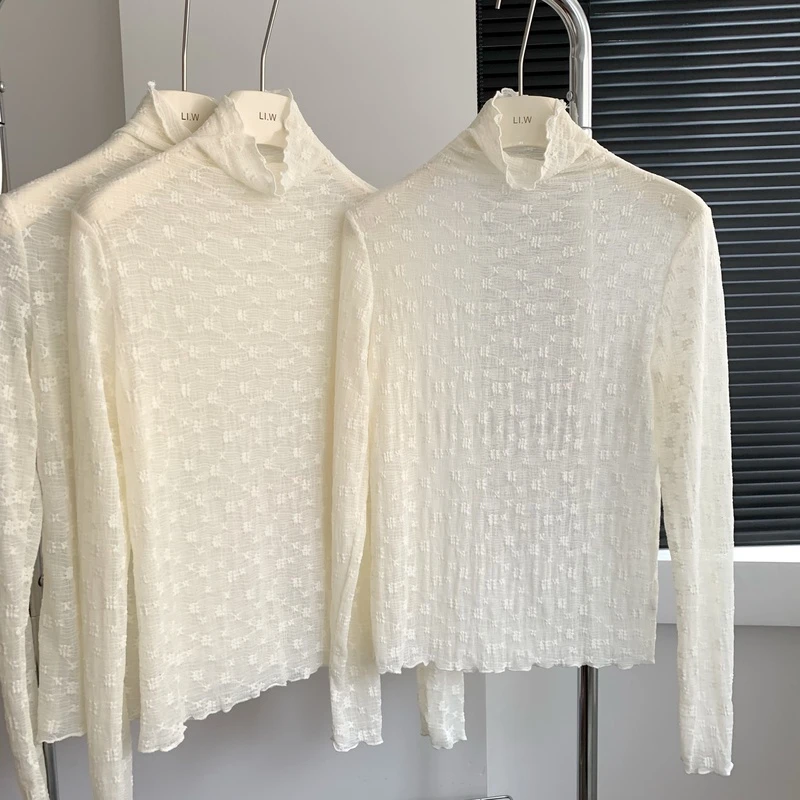 半高领蕾丝打底衫女白色2022新款秋冬内搭上衣木耳边春秋小衫百搭