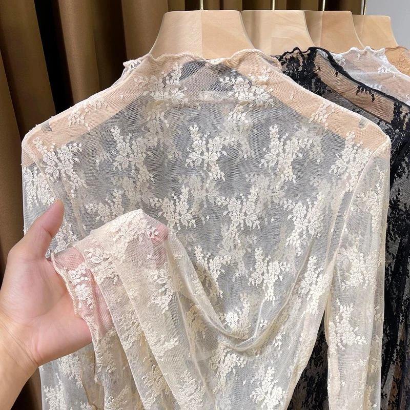 透视白色半高领蕾丝小衫女秋冬2024新款木耳边网纱打底衫薄款内搭