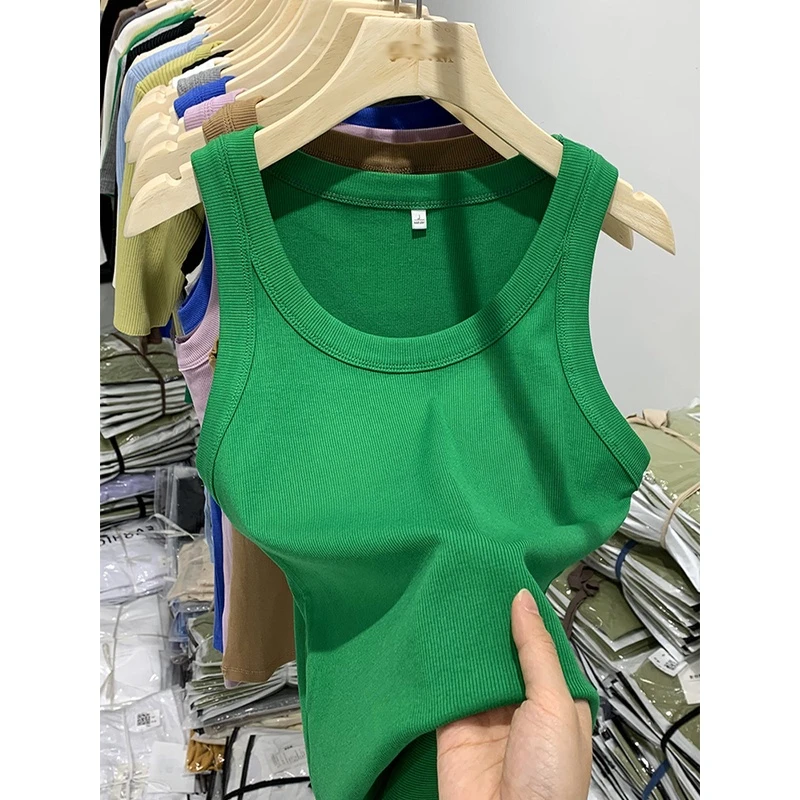 绿色螺纹吊带背心女2023春夏新款外穿洋气简约修身弹力打底上衣潮