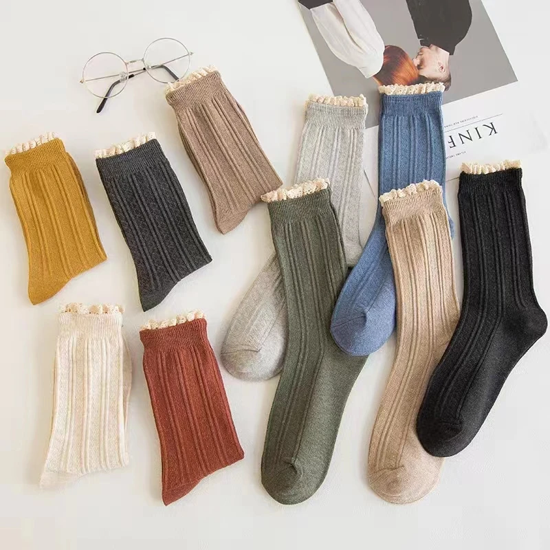纯色花边麻花边袜女中筒袜ins潮春季jk日系可爱防臭女生加长袜子
