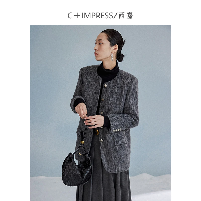 C+IMPRESS/西嘉高级灰毛呢西装外套女廓形水波纹短款