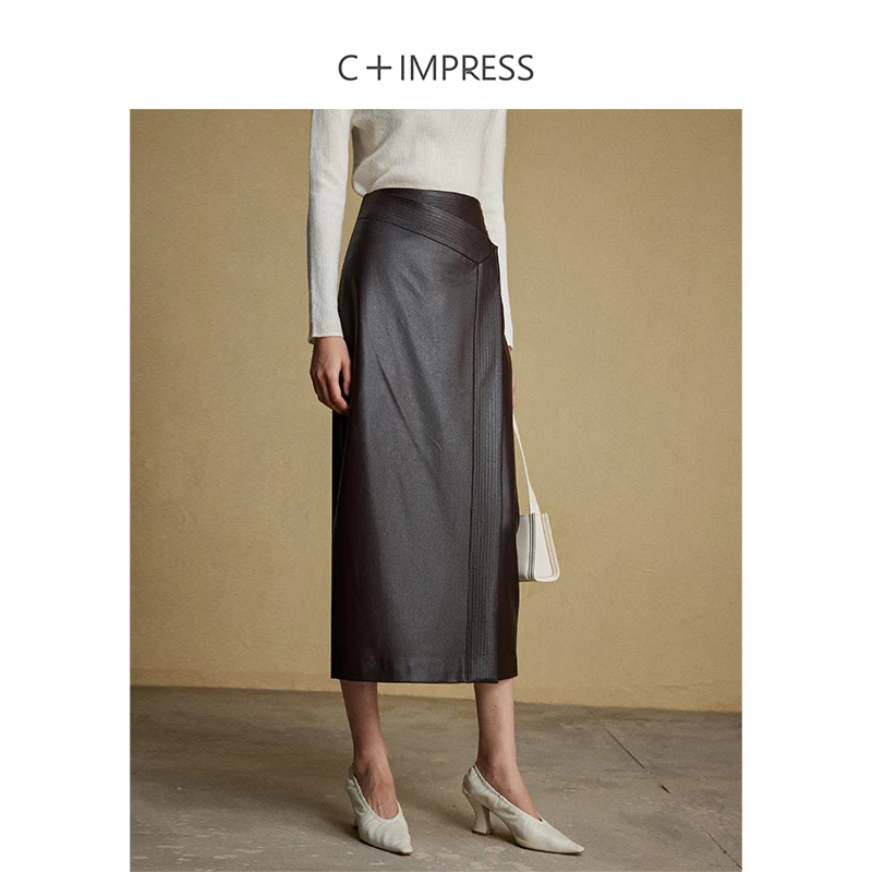 C+IMPRESS/西嘉活页多压线设计皮裙女高腰显瘦包臀直筒复古半身裙