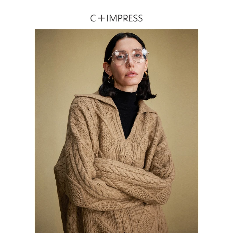 C+IMPRESS/西嘉绞花加厚绵羊毛百搭粗针毛衣女设计感翻领宽松上衣