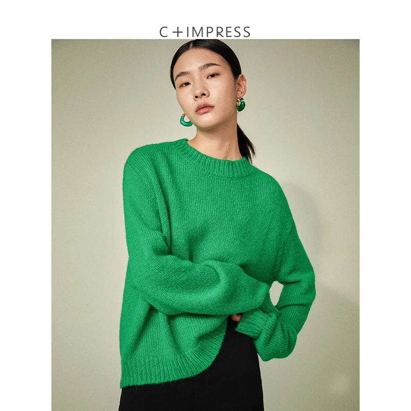 C+IMPRESS/西嘉羊驼马海毛 绿色毛衣女秋冬慵懒风宽松加厚减龄