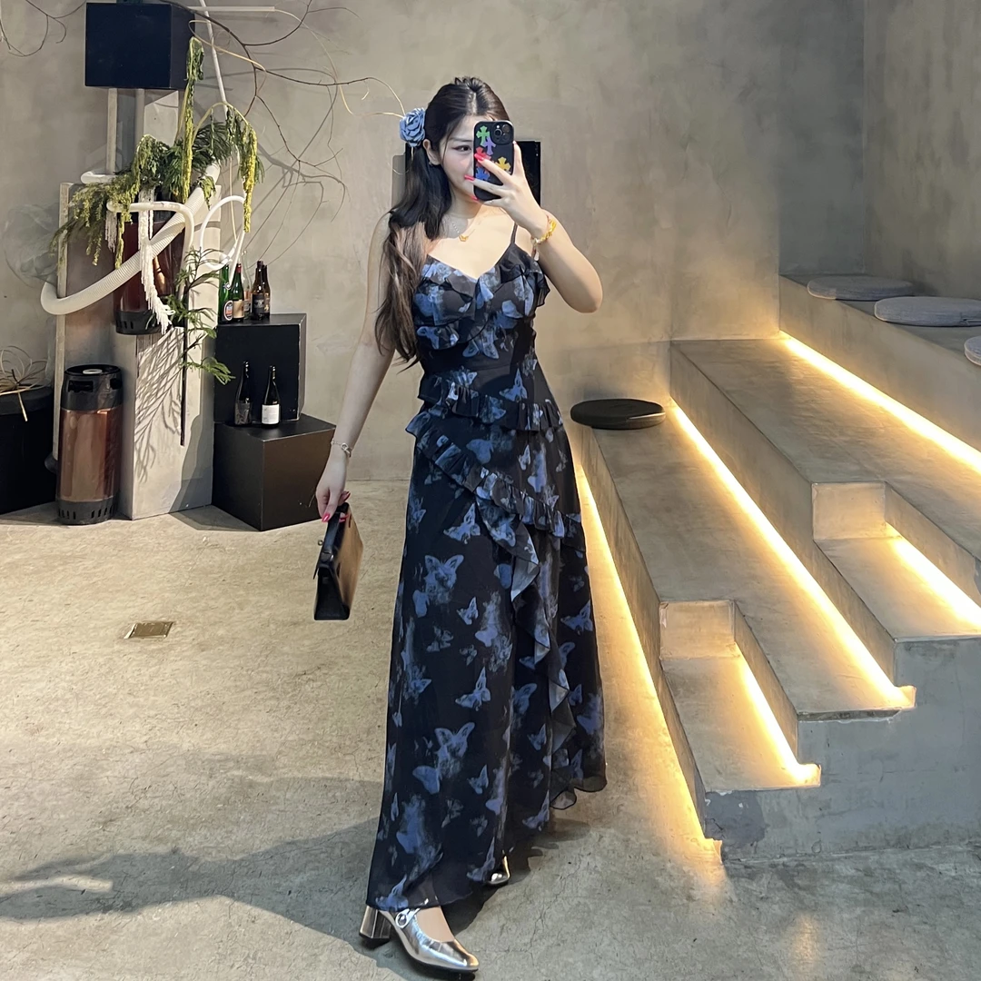 【致爱丽丝】（单连衣裙）夏季印花蝴蝶碎花掐腰显瘦不规则裙摆长裙