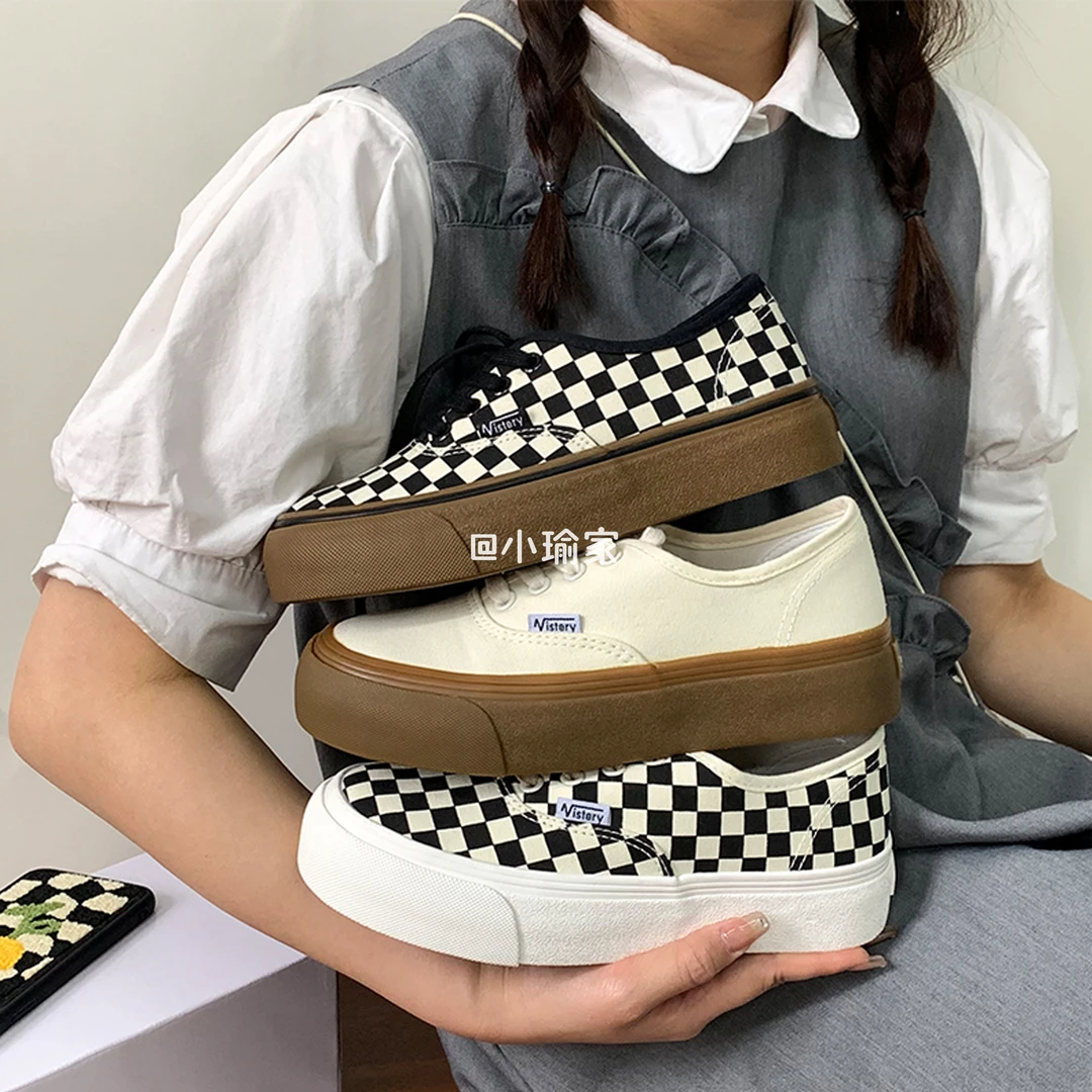 鞋有亿 棋盘格一脚蹬帆布鞋2025新款秋冬女鞋厚底鞋子小众板鞋