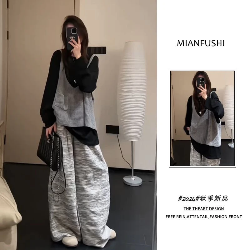 【现货】2025秋季新款韩系穿搭一整慵懒风长袖衫马甲阔腿裤三件套