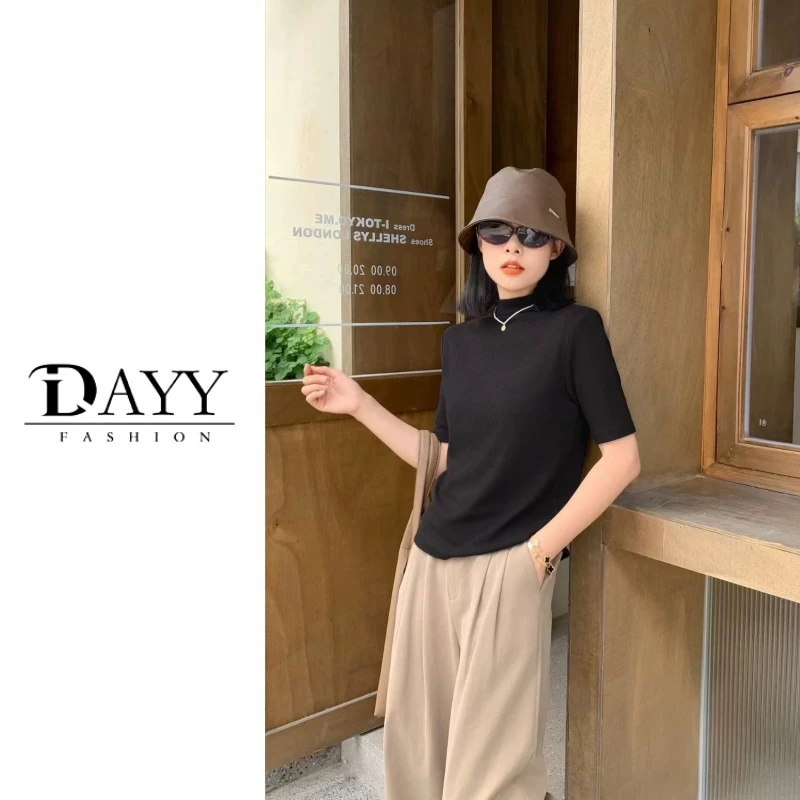 2024 秋新款简约气质时尚百搭显瘦女士纯色半高领短袖t恤 8901