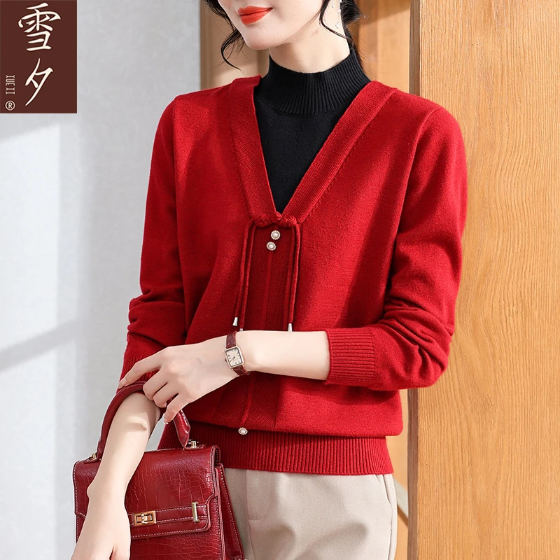 妈妈秋装假两件红色针织打底衫2024新款中老年女装半高领喜庆毛衣