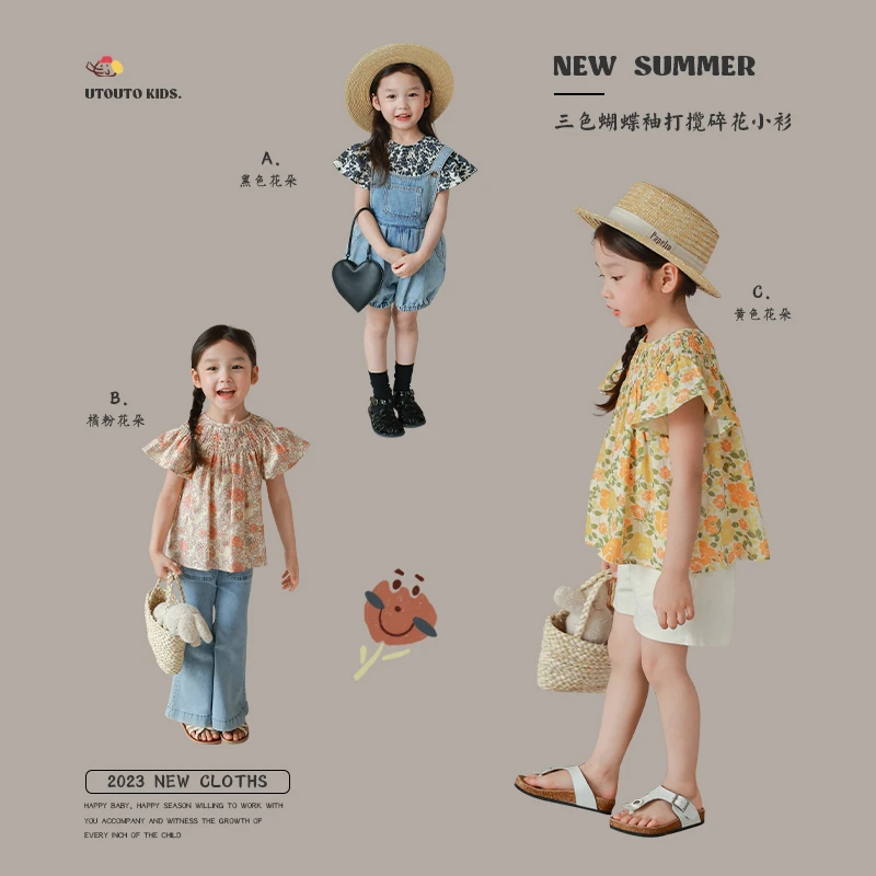 大耳象童装铺女童蝴蝶袖打揽碎花小衫2023夏季洋气上衣2303417