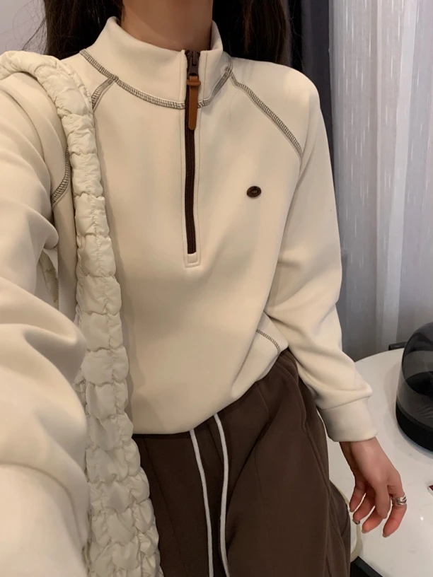 【糯米绒】冬季新款麻丝拼接撞色冬季半拉链慕斯绒保暖打底上衣615