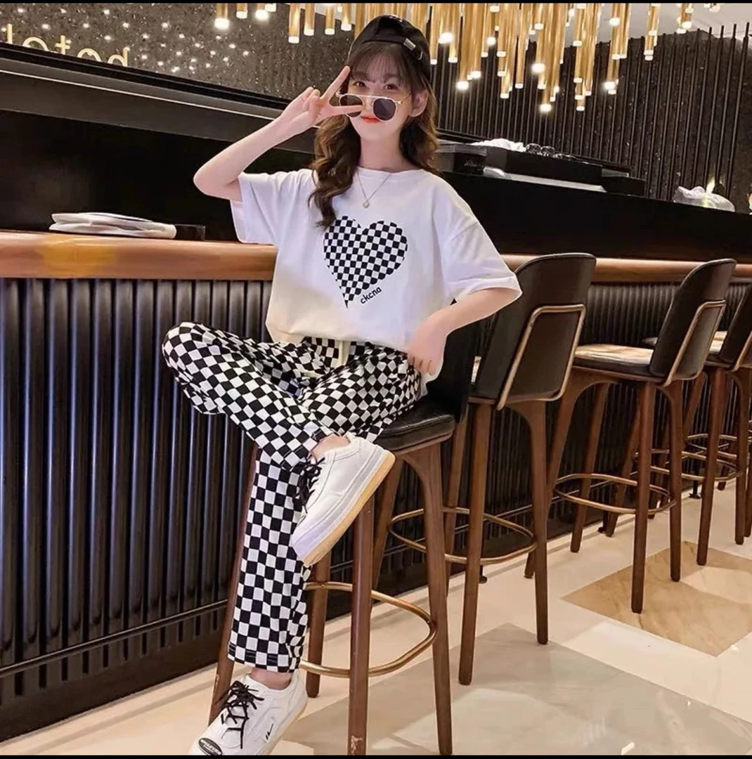 女童夏装套装夏季冰丝儿童大童格子防蚊阔腿裤T恤休闲两件套