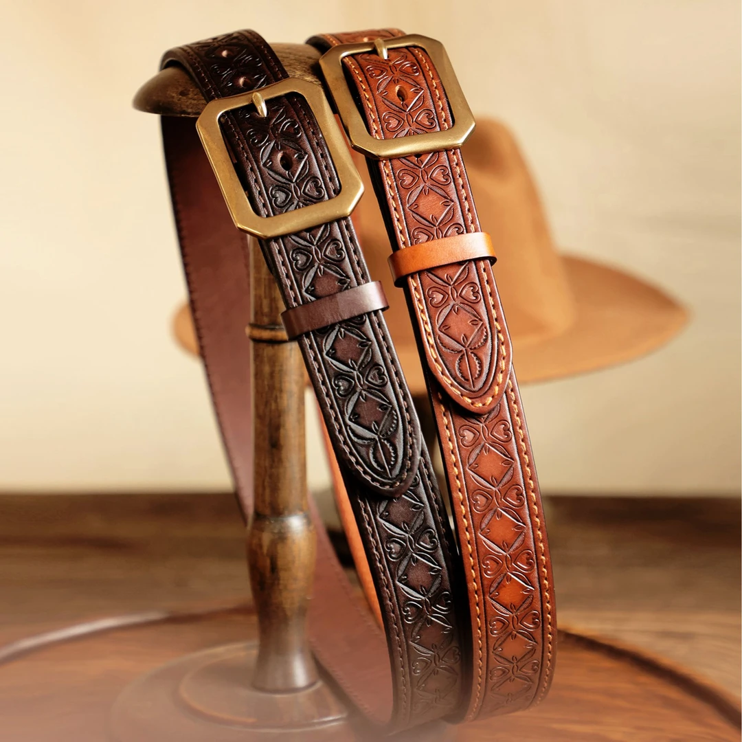 意大利头层真牛皮美式复古西部牛仔雕花男士皮带 休闲牛仔裤腰带