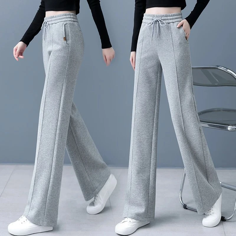 高级灰运动阔腿裤女2024春秋冬季加绒高腰显瘦直筒宽松卫裤长裤子