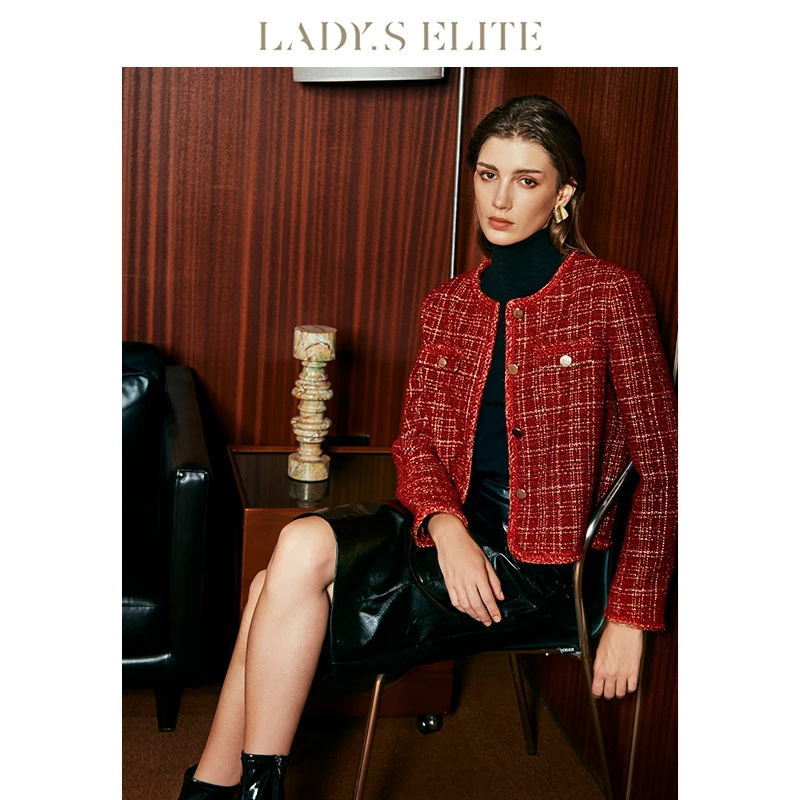 LadySElite暗红金丝花呢小香风套装女24秋冬气质轻熟风外套/半裙