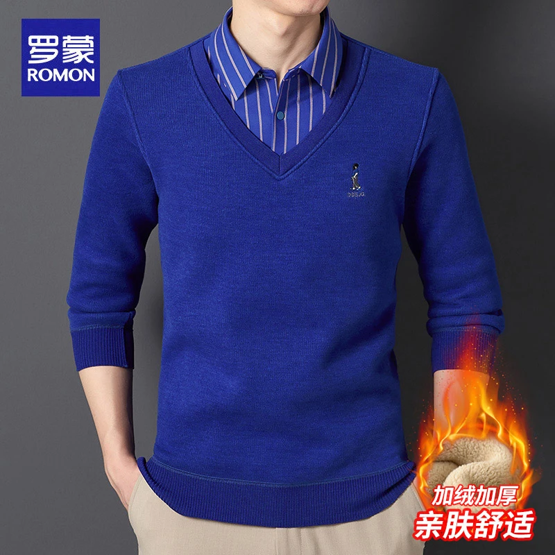 Romon/罗蒙新款【羊毛假两件】毛衣男针织衫秋冬保暖加绒加厚V领