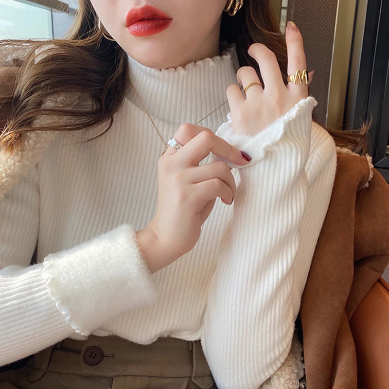 加绒加厚一体绒针织打底衫女木耳边半高领毛衣秋冬季长袖内搭上衣